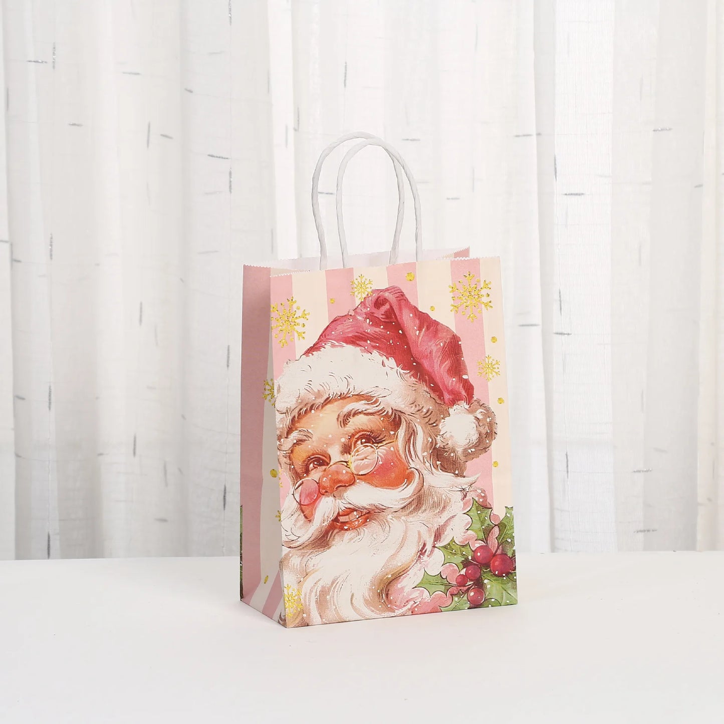 6Pcs Pink Christmas Theme Paper Gift Packing Bags Santa Claus Snowman Reindeer Candy Cookie Bag for Christmas Party Decoration