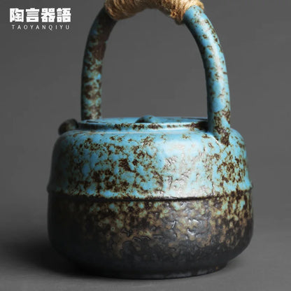 460ml Japanese-Style Kiln Changed Retro Stoneware Large-Sized Handle Teapot Handmade Pottery Kung Fu Wide-Mouth Warm Tea Kettle