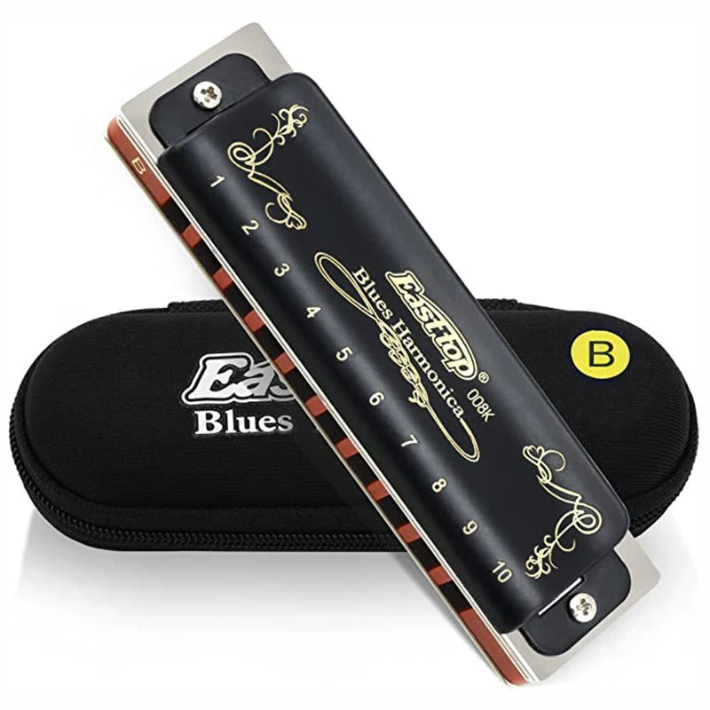 008K Diatonic Harmonica 10 Holes 20 Tones Blues Harp Mouth Organ Harmonica With Black Cover, Standard Harmonica With Canvas Bag