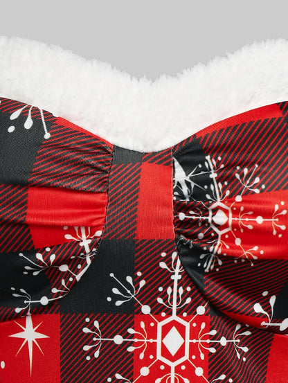 2024 New Womens Christmas Party Dress Plaid Snowflake Print Sleeveless Dress Sweetheart Neck Xmas Dresses Vestidos