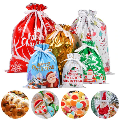3/5Pcs Merry Christmas Drawstring Gift Bag New Year 2025 Large Candy Cookie Packaging Bag 2024 Navidad Christmas Home Decoration