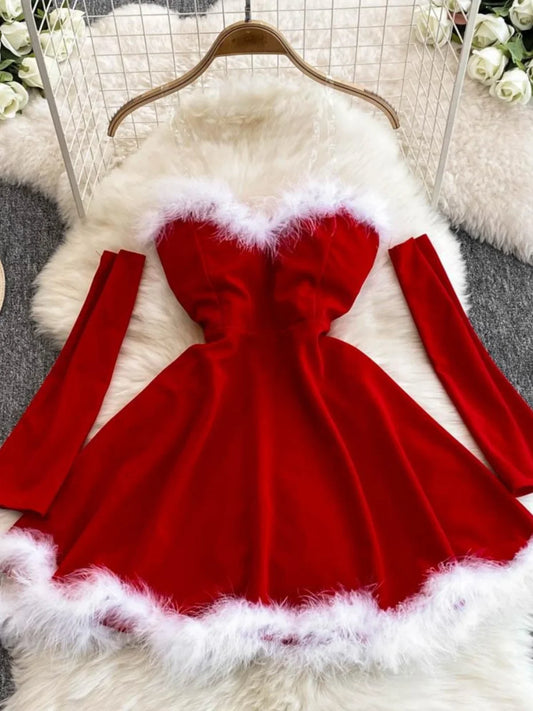 Foamlina Women's Christmas Dress Sexy Low-Cut Waist Thin Big Pendulum Fluffy Splicing Suspender Tube Ling Dress Red