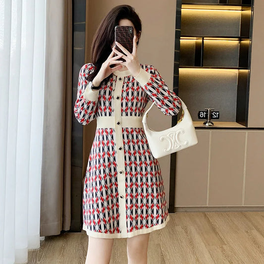 #0937 Office Plaid Sweater Dress Women Vintage A-Line Dress Round Neck Buttons Slim Fit Sexy Stretch Retro Dress Spring Autumn