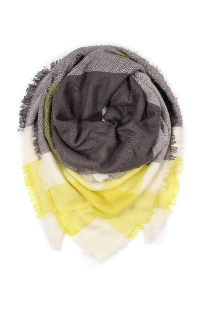 Dark Gray Yellow Blanket Fringed Scarf