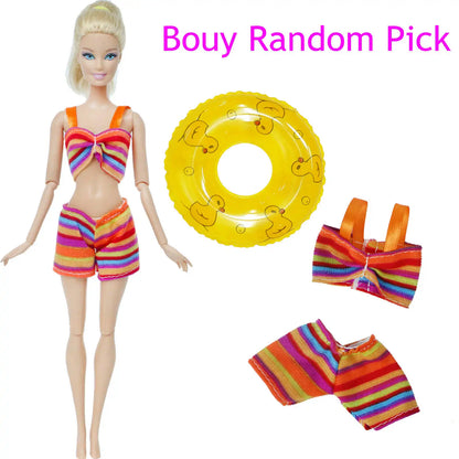 1x Doll Swimwear Beach Bathing Clothes Lovely Bikini Swimsuit + Random 1x Swimming Buoy Lifebelt Ring for Barbie Doll Baby Toys
