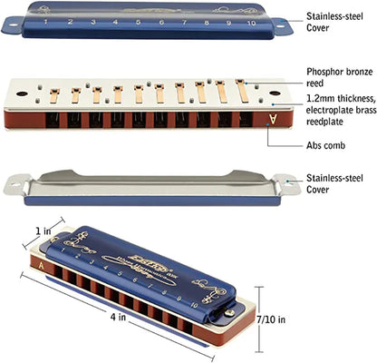 East Top Harmonica 008K Blues Harp Mouth Organ10 Holes 20 Tones Diatonic Blues Harmonica With Blue Case, Top Grade Harmonica
