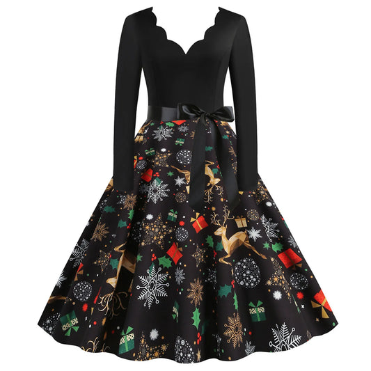 Christmas Long Sleeve Bow Belt Slim Party Women Dress Sexy Elegance Snowfalke Elk Gifts Patchwork v Neck Swing A-Line Dresses