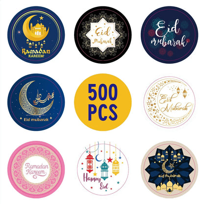 500Pcs EID Mubarak Stickers Gift Bag Candy Box Seal Lables Ramadan Kareem Paper Sticker Islamic Muslim Party DIY Decoration 2024