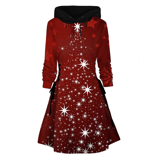 2024 Women's Christmas Hooded Dresses Star 3D Print Mini Hoodie Dress Lace Up a Line Hooded Dress Long Sleeves Fall Winter Dress