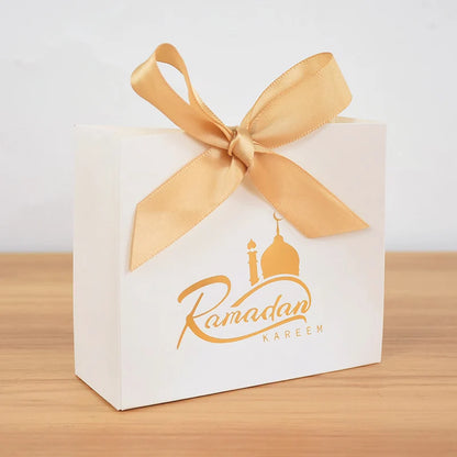 5/10pcs Eid Mubarak White Small Gift Bags With Bow Ribbon Ramadan Kareem Candy Cookie Favor Boxes Muslim Party Packaging Bags