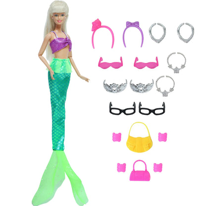 14 Pcs / Lot = 1x Fairy Tale Doll Dress + 13x Random Accessories Shoes Handbag Glasses Clothes for Barbie Doll Girl Baby Toys