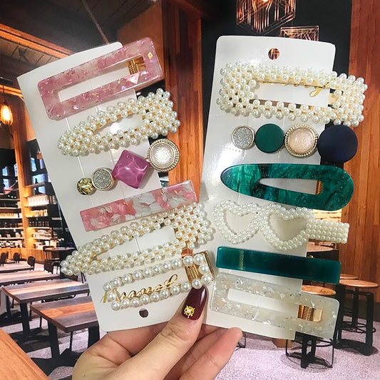 Acrylic Barrettes Headwear Pearl Hair Clip Sets for Women Fashion Geometric Hairpins Hair Accessories Headdress Girl Bobby Clip