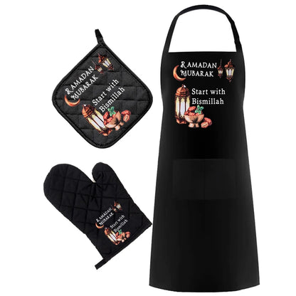 Ramadan Mubarak Bismillah Kitchen Apron Pot Holder Mitt Eid Al Fitr Muslim Islamic Kareem Suhoor Iftar Home Decoration Gift