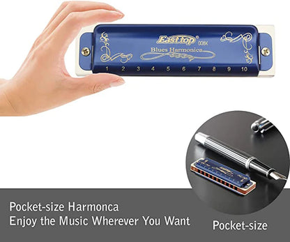 East Top Harmonica 008K Blues Harp Mouth Organ10 Holes 20 Tones Diatonic Blues Harmonica With Blue Case, Top Grade Harmonica