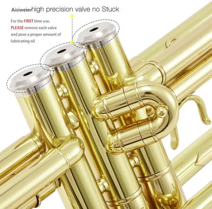 Aisiweier Gold Trumpet Brass ATR-380 Standard Bb Trumpet Set for Student Beginner With Hard Case,Gloves, 7 C Mouthpiece,