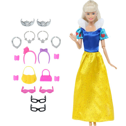 14 Pcs / Lot = 1x Fairy Tale Doll Dress + 13x Random Accessories Shoes Handbag Glasses Clothes for Barbie Doll Girl Baby Toys