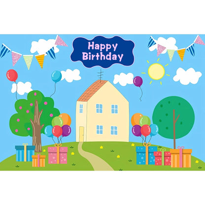 Spring Sky Cloud Tree Balloon Backdrop Children 1th Birthday Party Baby Shower Blue Banner Pig House Photography Background