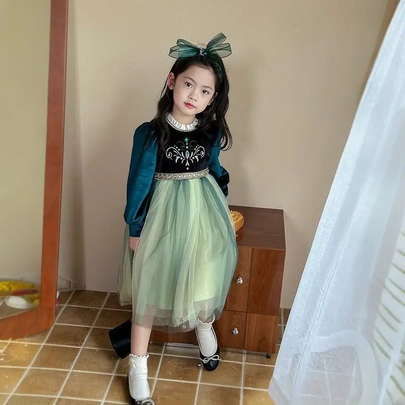Girls' Autumn/Winter 2024 New Velvet Dress Children Halloween Cosplay Birthday Party Elegant Girl Anna Frozen Queen Green Dress