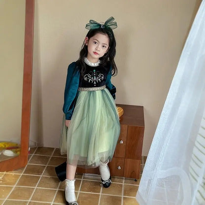 Girls' Autumn/Winter 2024 New Velvet Dress Children Halloween Cosplay Birthday Party Elegant Girl Anna Frozen Queen Green Dress