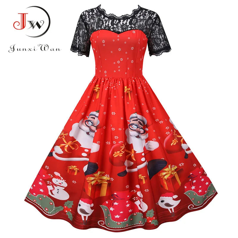 Lace Christmas Dress Women New Short Sleeve Print High Waist Elegant Vintage Winter Xmas Party Sundress 3XL Robe
