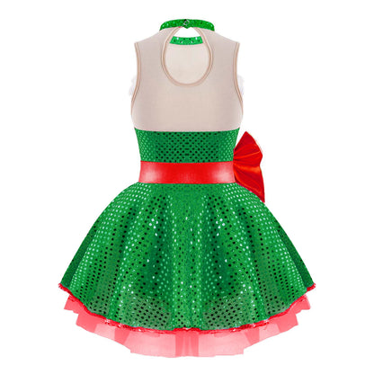 Children Girls Christmas Dance Dress Sleeveless Shiny Sequins Mesh Tutu Dancewear Ballet Dance Figure Skating Leotards Dresses
