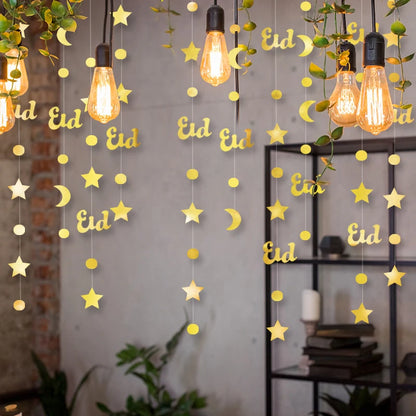 4M Ramadan Decoration 2024 Gold Moon Star Lamp Hanging Garland Ornament EID Mubarak Muslim Mubarak Party Supplies Eid Al-Fitr