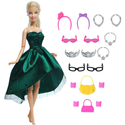 14 Pcs / Lot = 1x Fairy Tale Doll Dress + 13x Random Accessories Shoes Handbag Glasses Clothes for Barbie Doll Girl Baby Toys