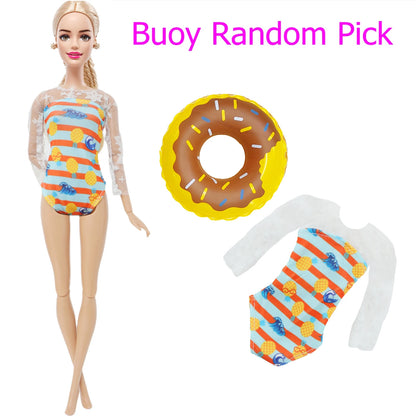 1x Doll Swimwear Beach Bathing Clothes Lovely Bikini Swimsuit + Random 1x Swimming Buoy Lifebelt Ring for Barbie Doll Baby Toys