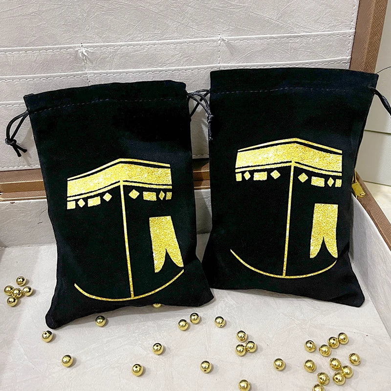 5pcs Black Kaaba Velvet Gift Bags Hajj Mubarak Umrah Mubarak Muslim Islamic Ramadan Kareem Happy Eid Al Adha Decoration  Present