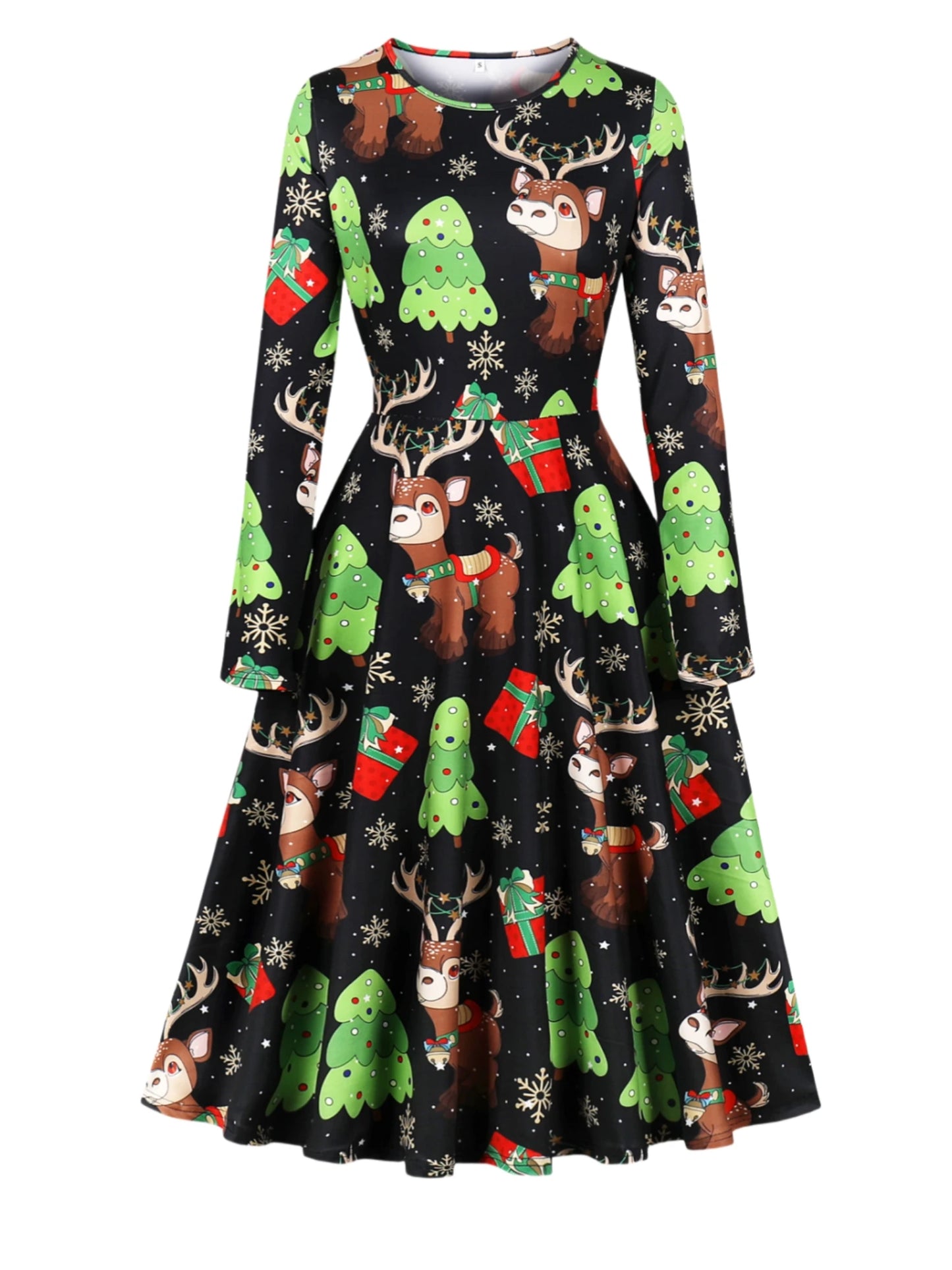 Holiday Sweet Girl Princess Dress Party Christmas Dress Fun Printed Round Neck and Leg Slimming Long Dress