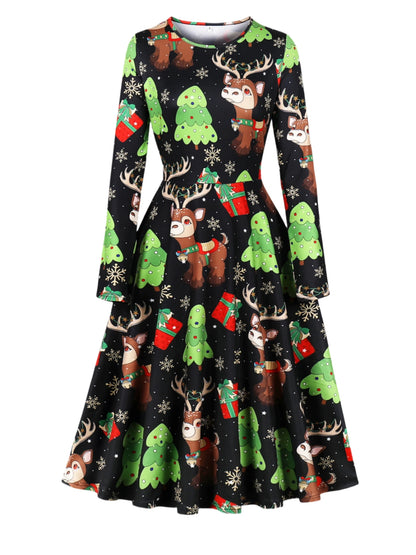 Holiday Sweet Girl Princess Dress Party Christmas Dress Fun Printed Round Neck and Leg Slimming Long Dress