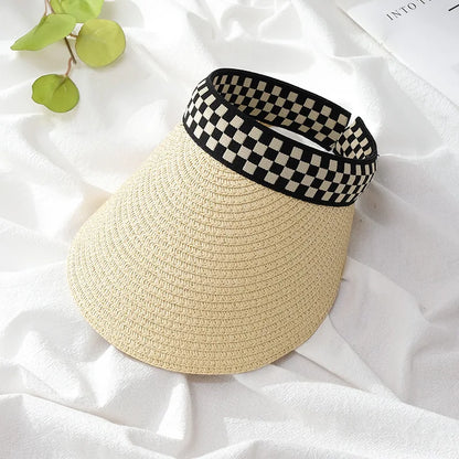 Adult Child Woman's Sun Visor Hats Female Bowknot Visor Caps Hand Made DIY Straw Summer Cap Casual Empty Top Hat Beach