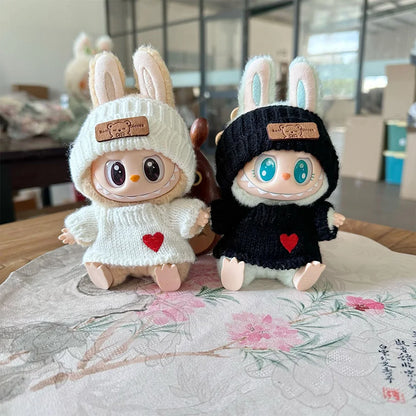 Cute Labubu Bunny Doll Accessories With Knitted Clothes Rabbit Ears Hat Heart Sweater for Toy Collectors Labubu Clothes