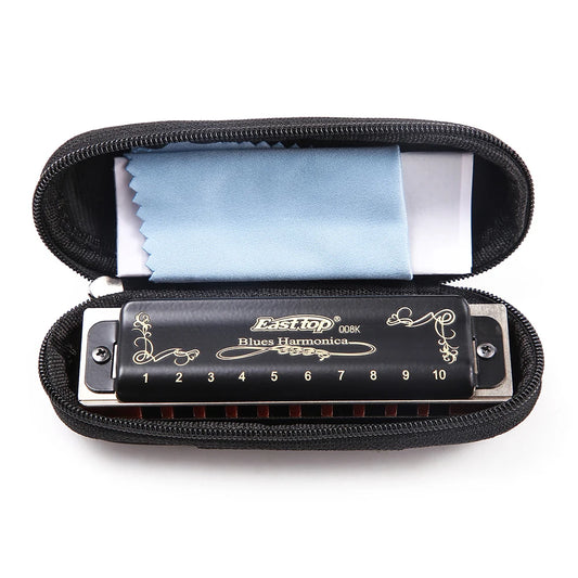 East Top Diatonic Harmonica 10 Holes Blues Harmonica Black T008K With Case Professional Harmonica for Beginner Students Adults