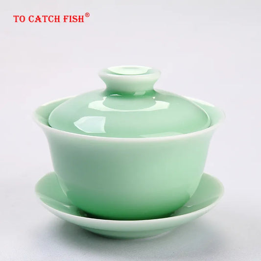 Chinese Celadon Gai Wan Tea Set Bone China Tea Cup Dehua Gaiwan Tea Porcelain Teacup Tea Set for High-Quality Creative Kettle