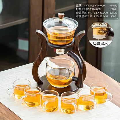Lazy Kungfu Glass Tea Set, Magnetic Wooden Handle Tea Pot Set, Semi Automatic Drip Rotating With Infuser Glass Teapot Set