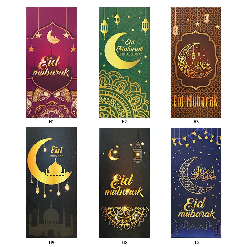 6Pcs/Set Eid Mubarak Cash Envelopes Money Cards Paper Bag 2024 Ramadan Mubarak Decoration Islamic Muslim Eid Al-Fitr Gift Favors