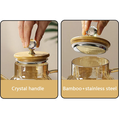 YWDL 1/1.5/1.8l Glass Teapot With Bamboo Lid Amber Color Diamond Cold Kettle Heat-Resisting Pot for Loose Leaf Fruit Scented Tea