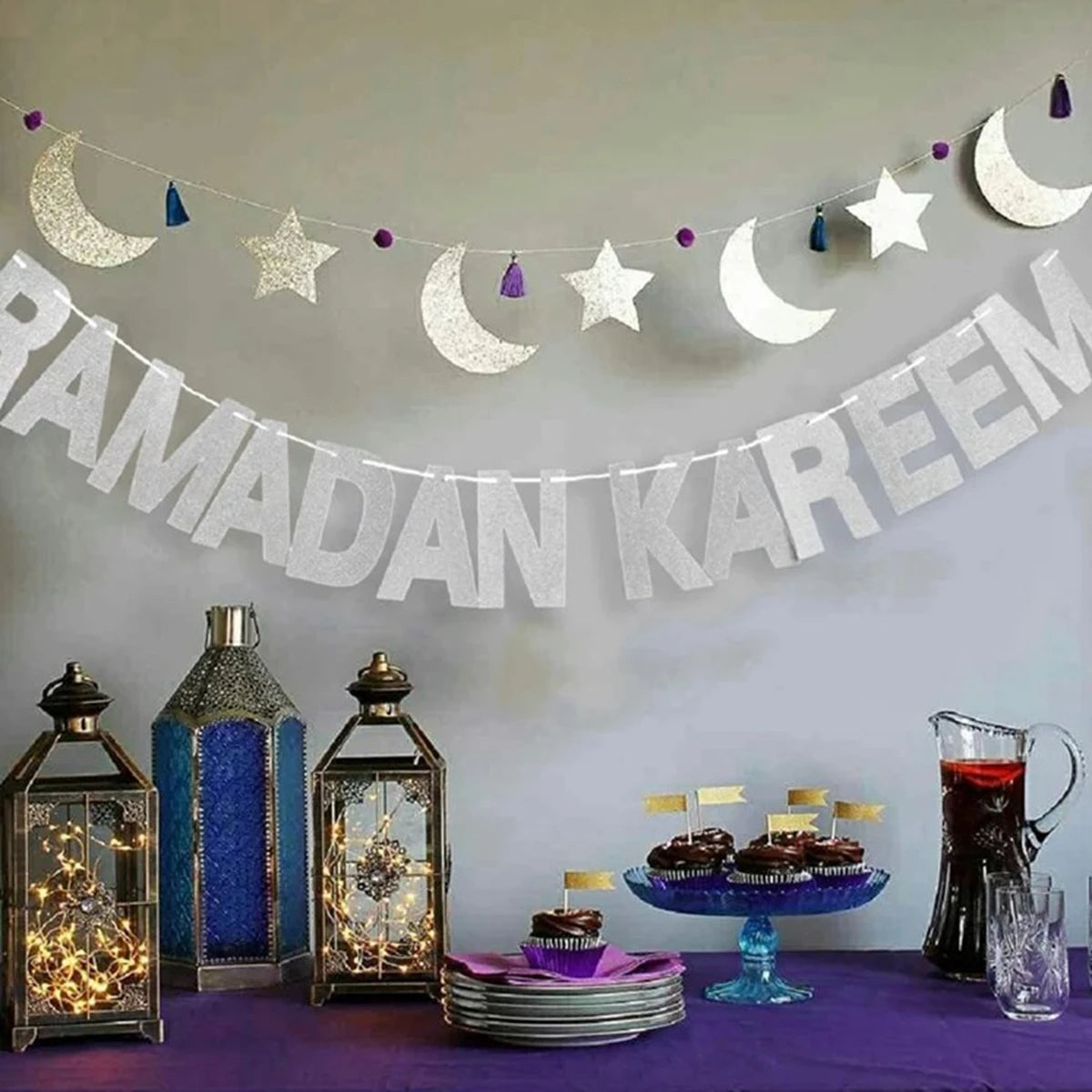 Eid Mubarak Banner Bunting Balloons Plates Tablecloth Kareem Ramadan Decoration for Home 2024  Muslim Islamic Party Supplies