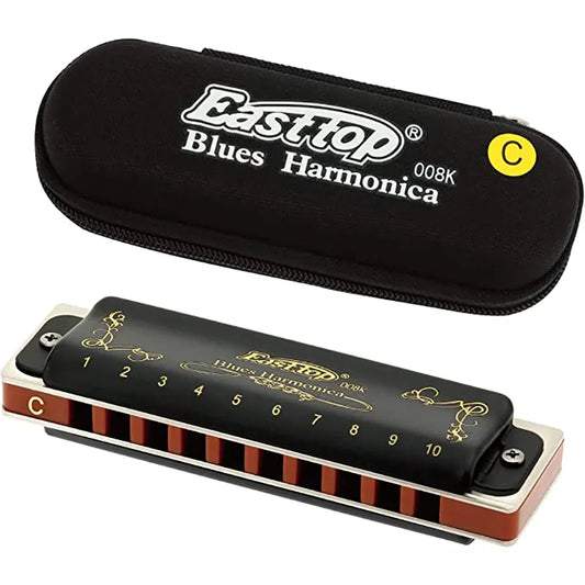 008K Diatonic Harmonica 10 Holes 20 Tones Blues Harp Mouth Organ Harmonica With Black Cover, Standard Harmonica With Canvas Bag