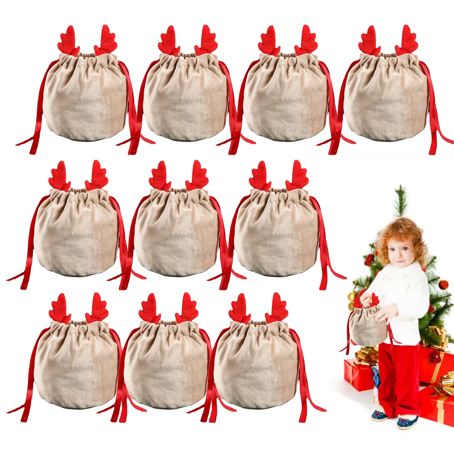 5/10Pcs Christmas Reindeer Candy Gift Bag Velvet Santa Sacks Drawstring Gift Bags Christmas Decoration Kids New Year Party Gift