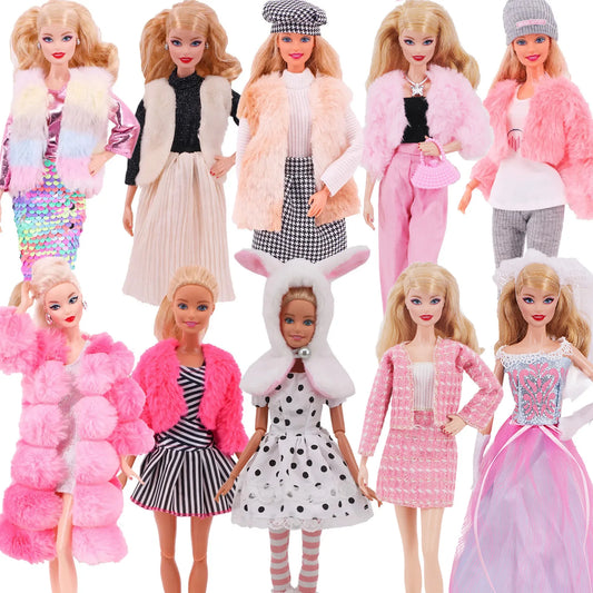4 Pcs/Set Fur Vest Coat + Dress/Casual Outfit for Barbies 11.8 Inch Doll Clothes Accessories Plush Jacket Celebrity,Child's Gift