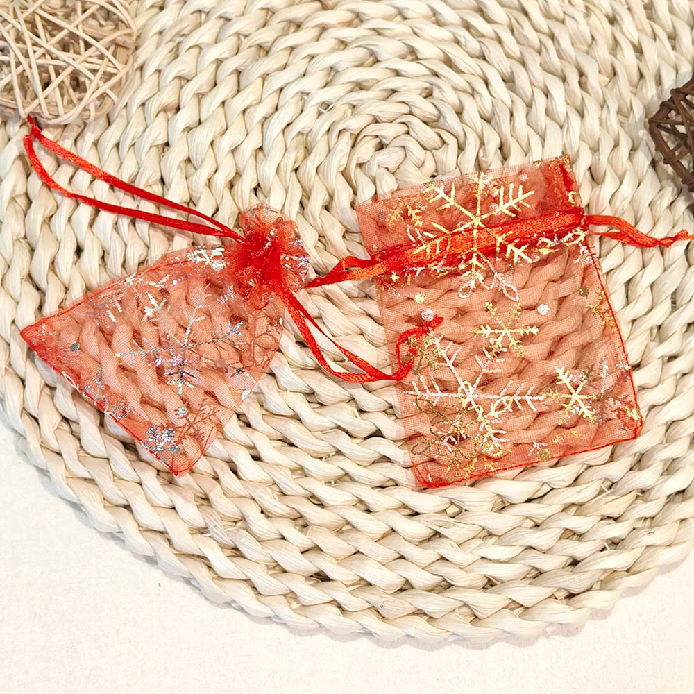 25/50/100pcs Hot Printing Organza Gift Bag for Jewelry Snowflake Drawstring Pouches for Wedding Christmas Party Candy Packing