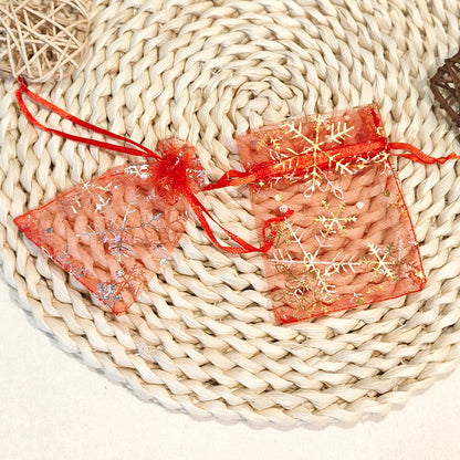 25/50/100pcs Hot Printing Organza Gift Bag for Jewelry Snowflake Drawstring Pouches for Wedding Christmas Party Candy Packing