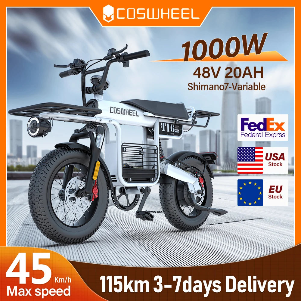 Coswheel Electric Bike T16 Adult Mountain Ebikes Road Ebike 1000W 48V 20AH Fat Tire Cycling Outdoor City Commuting Electric Bike