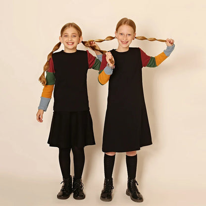 3t-12t Girls Dresses Fall Long Sleeve Clothes Children Color Block Casual T-Shirt Dresses Fashion Cotton Ribbed Knit Midi Dress