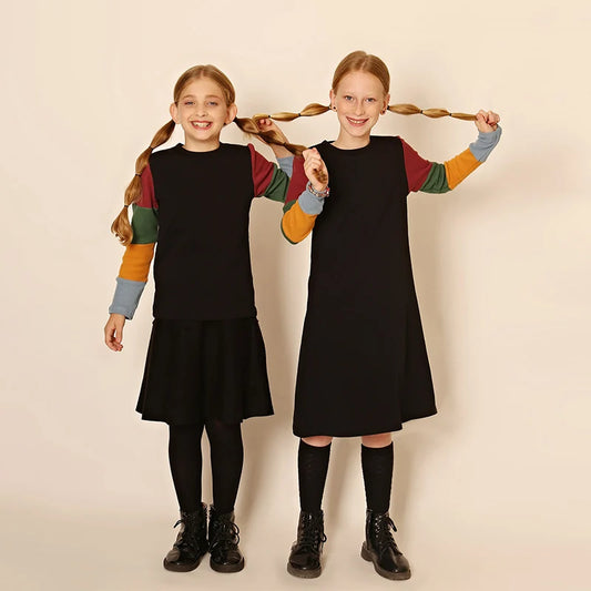 3t-12t Girls Dresses Fall Long Sleeve Clothes Children Color Block Casual T-Shirt Dresses Fashion Cotton Ribbed Knit Midi Dress