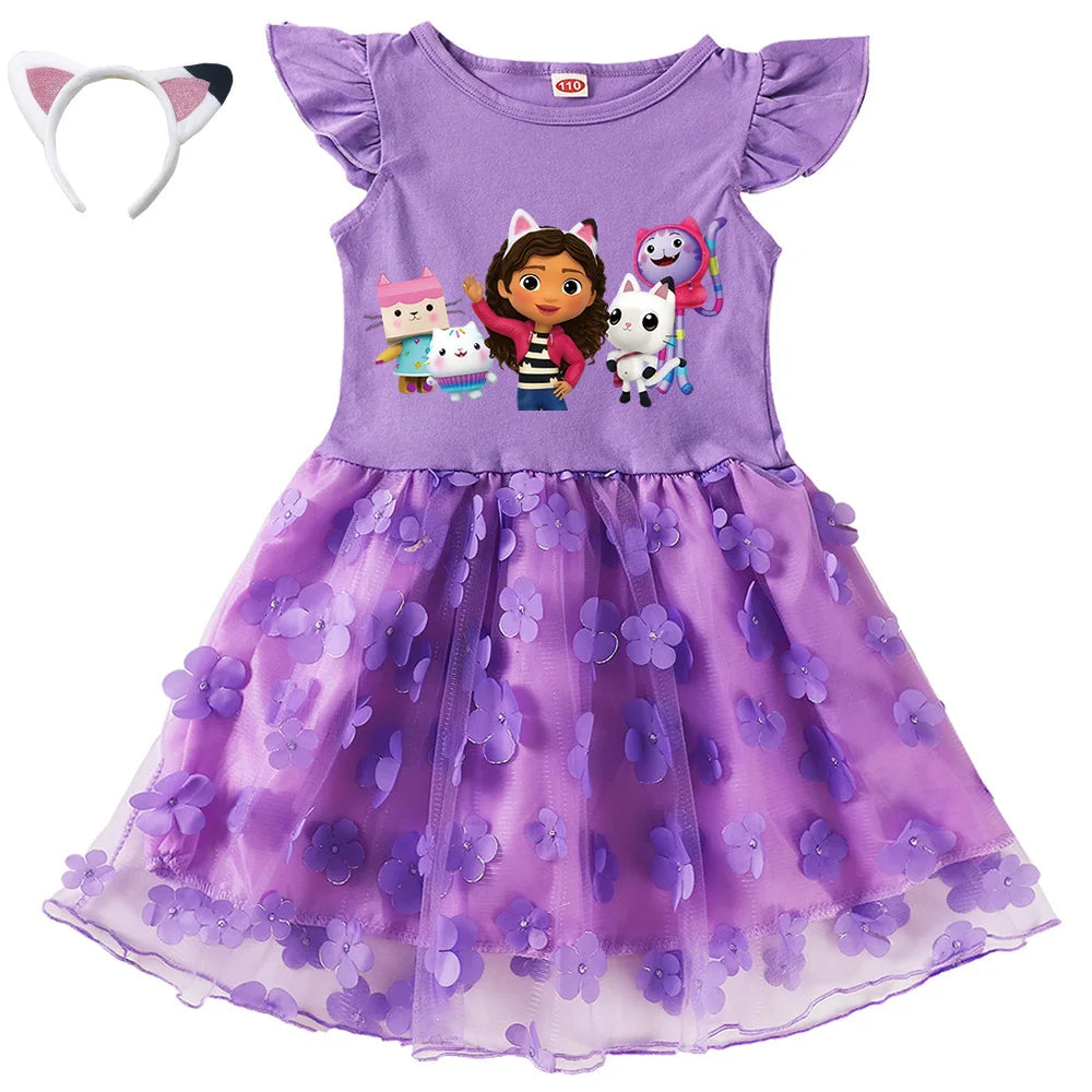 Vestidos Gabbys Dollhouse Clothes Kids Cartoon Gabby Chat Dress Baby Girls Summer Short Sleeve Casual Dresses and Bag & Headband