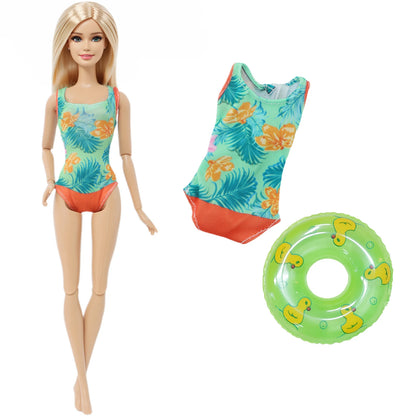 1x Doll Swimwear Beach Bathing Clothes Lovely Bikini Swimsuit + Random 1x Swimming Buoy Lifebelt Ring for Barbie Doll Baby Toys