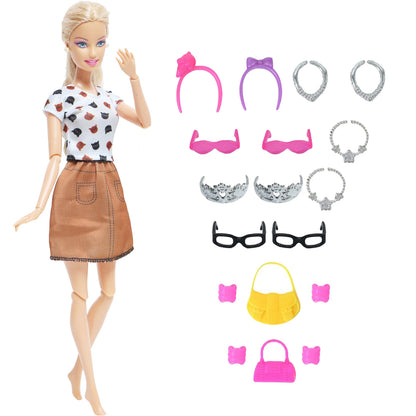 14 Pcs / Lot = 1x Fairy Tale Doll Dress + 13x Random Accessories Shoes Handbag Glasses Clothes for Barbie Doll Girl Baby Toys